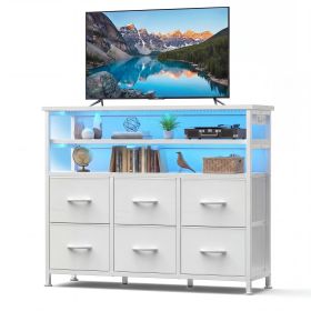 6-Drawer Fabric Dresser with Power Outlets and LED Light, Storage Organizer and TV Stand for Bedroom, Living Room, Hallway, White