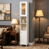 White Wooden Tall Bathroom Storage Cabinet with Mirror - Freestanding Tower with Adjustable Shelves for Bathroom And Living Room