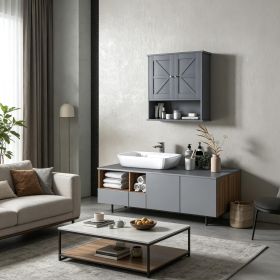 Gray Farmhouse Bathroom Medicine Cabinet Wall Mounted with Barn Doors Adjustable Shelf for Laundry Room Storage Organizer