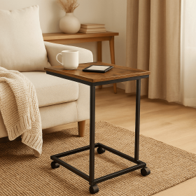 C-Shaped End Table with Wheels for Sofa Side, Bedside & Reading Corner Use, Brown