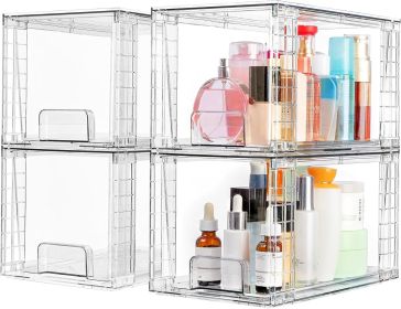 4 Pack Large Stackable Storage Drawers,Easily Assemble Acrylic Bathroom Closet Undersink Organizers and Storage,Plastic Bins for Kitchen Cabinets