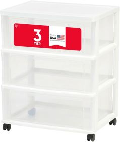 Plastic Drawer Storage Organizer Rolling Cart, with Wheels Casters, 3-Drawers, for Art Craft Supplies Bathroom Dorm Bedroom Laundry Room, Wide, White