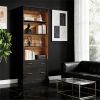 Bookshelf with storage space, vertical display rack, and lined cabinet