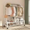 Sturdy Metal Double Rod Garment Rack with Wheels Portable Clothes Rack with Shelves and Hooks Heavy Duty Hanging Organizer for Clothes Bedroom Laundry