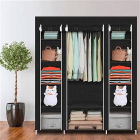 Portable Closet Wardrobe 12-shelf Fabric Clothes Storage Organizer with Zippered Dustproof Cover Hanging Rod 58 x 17 x 69 in Black