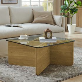 Glass Coffee Table,31.5 Inch Mid-Century Modern Square Coffee Table with Tempered Glass Top,Wooden Coffee Table for Living Room,Natural Wood
