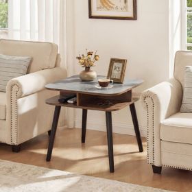 Side Table Faux Marble End Table with Storage Shelves and Rubber Wood Legs