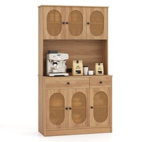 Natural Boho 6-Door Pantry Cabinet, PE Rattan Doors & Built-in Charging Station (2 AC Outlets + 2 USB Ports)