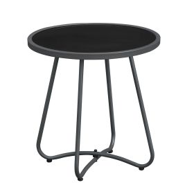 Outdoor Round Side Table, 17.3" Weather Resistant Patio End Table with Tempered Glass Top & Metal Frame, Small Coffee Table for Porch, Balcony, Garden