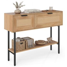 Natural Rattan Console Table with Storage Cabinets & Open Shelf, 40 Inch Entryway Table with Sturdy Carbon Steel Frame for Living Room, Hallway