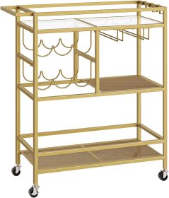 Bar Cart for Home, 3-Tier Serving Cart with Wheels and Handle, Beverage Cart with Wine Rack and Glass Holders Gold