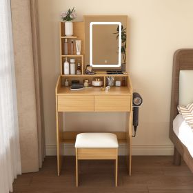 Vanity Table with LED-Illuminated Mirror, Power Outlet, Hairdryer Holder & Stool Ã¢â‚¬â€œ Compact Dressing Desk for Small Bedrooms