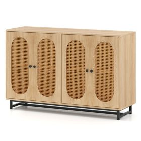 Natural PE Rattan Large Buffet Sideboard (50"), 4-Door Design with Removable Adjustable Shelves