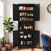 72" High Black Steel Kitchen Pantry Storage Cabinet with Large Countertop, Adjustable Shelves and Hooks, Heavy-duty Modern Style Cabinet