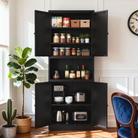 72" High Black Steel Kitchen Pantry Storage Cabinet with Large Countertop, Adjustable Shelves and Hooks, Heavy-duty Modern Style Cabinet