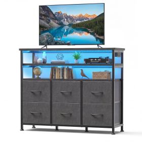 6-Drawer Fabric Dresser with Power Outlets and LED Light, TV stand for Bedroom, Living Room, Hallway, Gray