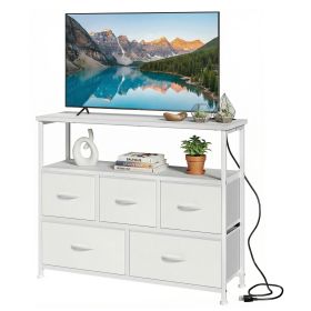 5 Drawers TV Stand Dresser for 45" TV, Media Console with Charging Station & 2 Open Shelves, Storage Organizer for Bedroom Living Room, White