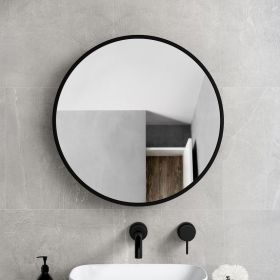 30 in Round Framed Mirror Medicine Cabinet, Black Iron & Aluminum Surface Mount Bathroom Storage Cabinet