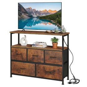5 Drawers TV Stand Dresser for 45" TV, Media Console with Charging Station & 2 Shelves, Storage Organizer for Bedroom Living Room, Rustic Brown