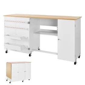 Folding Sewing Table, Multipurpose Sewing Machine Table with Cabinet, Charging Station, Compact Design, Wheels, Wooden Pegs, Storage Trays and Shelf