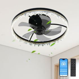 Smart Flush Mount Ceiling Fan with Light ��� 20-inch Integrated LED Chandelier with 5 Invisible Blades, Remote Control & Timer, Dimmable Lighting, Ult
