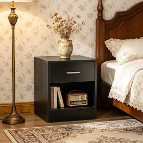 Modern Black Wood Grain Side Table with Drawer And Storage Shelf End Table for Living Room