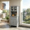 Elegant Gray Buffet with Hutch Kitchen Pantry Storage Cabinet Featuring Framed Glass Door Drawer And Microwave Space