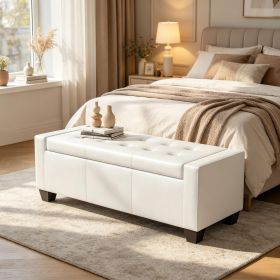 White 50.5 Inch Faux Leather Rectangular Tufted Storage for Living Room Entryway Bedroom - Living Space Organization