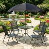 Black Coffee 6 Piece Patio Dining Set for 4 with Umbrella Outdoor round Glass Table And 4 Folding Chairs for Garden Backyard Poolside