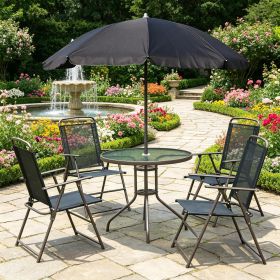Black Coffee 6 Piece Patio Dining Set for 4 with Umbrella Outdoor round Glass Table And 4 Folding Chairs for Garden Backyard Poolside