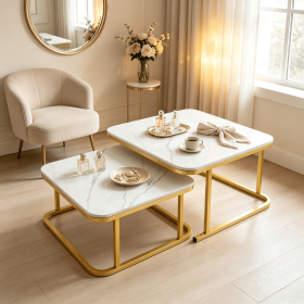 Nesting Coffee Table Set of 2 Faux Marble Top Metal Frame Living Room End Table Multi-functional Home Decor