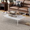 Modern Coffee Table, Tempered Glass Tabletop, Rectangle Coffee Table with Sturdy MDF Base and White Iron Legs, Easy Assembly Living Room Furniture