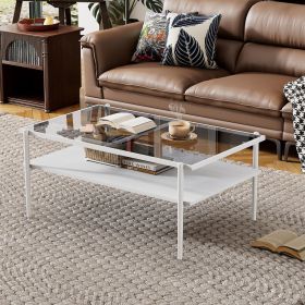 Modern Coffee Table, Tempered Glass Tabletop, Rectangle Coffee Table with Sturdy MDF Base and White Iron Legs, Easy Assembly Living Room Furniture