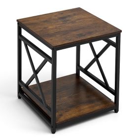 2 Tier Square Side Table with Open Shelves, Modern Nightstand with X Design Metal Frame, Wooden Coffee Table for Living Room, Bedroom, Office, Dorm