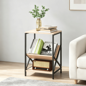 3-Tier Industrial Side Table V-Shaped Bookshelf for Living Room Rustic Black Metal And Wood End Table with Storage Organizer