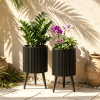 Set of 2 Decorative Flower Pots with Stand And Drainage Holes - Indoor Outdoor Plant Pots with Stand for Home Decor