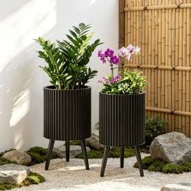 Set of 2 Decorative Flower Pots with Stand And Drainage Holes - Indoor Outdoor Plant Pots with Stand for Home Decor