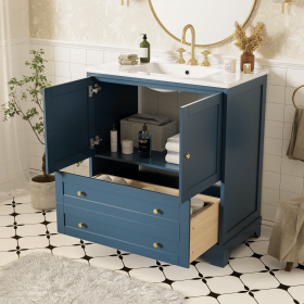 30'' Bathroom Vanity with Ceramic Sink Combo, Modern Freestanding Storage Cabinet with Gold Handles, Soft Closing Doors, Blue
