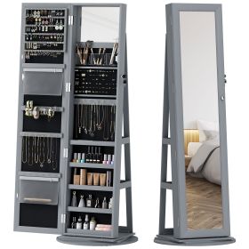 360° Swivel Jewelry Armoire, Lockable Jewelry Cabinet with Full-Length Mirror, Storage Shelves, Gray