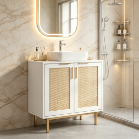 Bathroom Vanity Cabinet U-Shaped Cut-Out Design with 2 Rattan Doors And an Interior Shelf for Storage Space Wood Finish