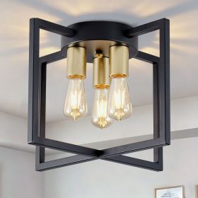 3-Light Ceiling Light Fixture, Black and Gold Semi-Flush Mount Chandelier with Geometric Metal Shade