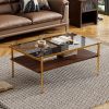 Modern Coffee Table, Tempered Glass Tabletop, Rectangle Coffee Table with Sturdy MDF Base and Golden Iron Legs, Easy Assembly Living Room Furniture