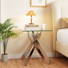 20" x 20" x 22.5" Glass Side Table, Silver Tempered Glass End Table with Intersecting Metal Base