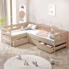 Twin Size L-shaped Platform Bed with Three Storage Drawers, Natural