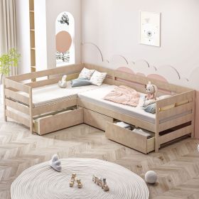 Twin Size L-shaped Platform Bed with Three Storage Drawers, Natural