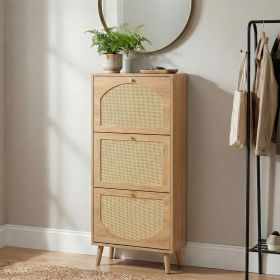 Rattan-fronted 3-tier shoe cabinet, particleboard, 54*24*135 cm, natural wood color