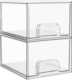 2 Pack Small Clear Stackable Storage Drawers,Acrylic Bathroom Makeup Organizer,Plastic Storage Bins For Vanity, Undersink, Kitchen Cabinets, Pantry