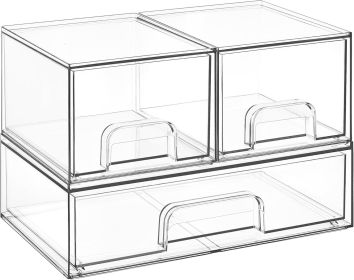 Stackable Storage Drawers Set of 3,Clear Plastic Organizer Bins for Makeup, Cosmetics, Beauty Supplies,Ideal for Vanity, Bathroom,Cabinet