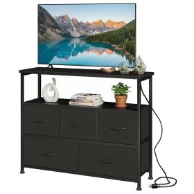 5 Drawers TV Stand Dresser for 45" TV, Modern Media Console with Charging Station & 2 Shelves, Storage Organizer for Bedroom Living Room, Black