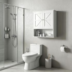 White Farmhouse Bathroom Medicine Cabinet Wall Mounted with Barn Doors Adjustable Shelf for Laundry Room Storage Organizer